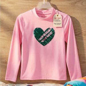 Cat & Jack Pink Long-Sleeve Rash Guard with Green Sequin Heart